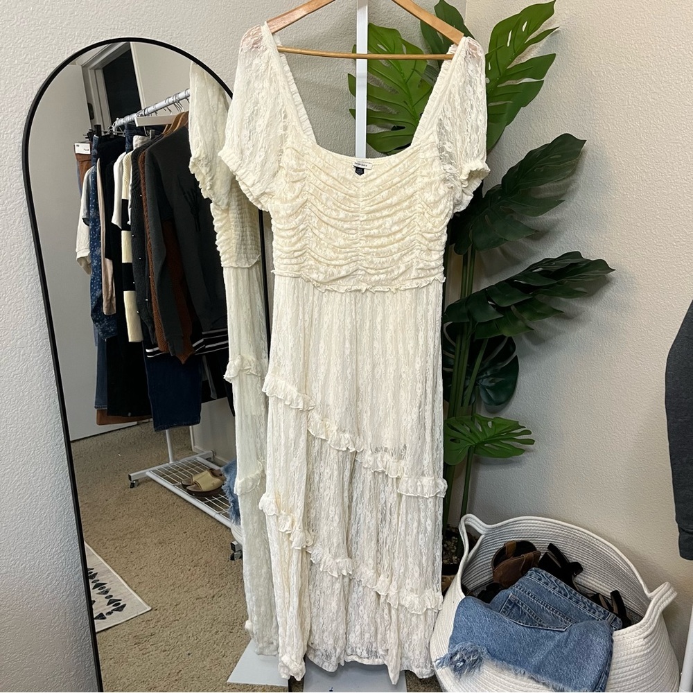 🤍✨American Eagle Ivory Floral Lace Ruched Maxi Dress Sz L | Lined Romper Shorts